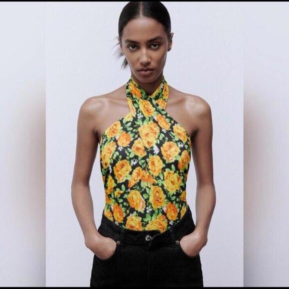Zara High Halter Neck Twist Ruched Floral Stretch Bodysuit Yellow Sz SMALL NWT! - Picture 1 of 11